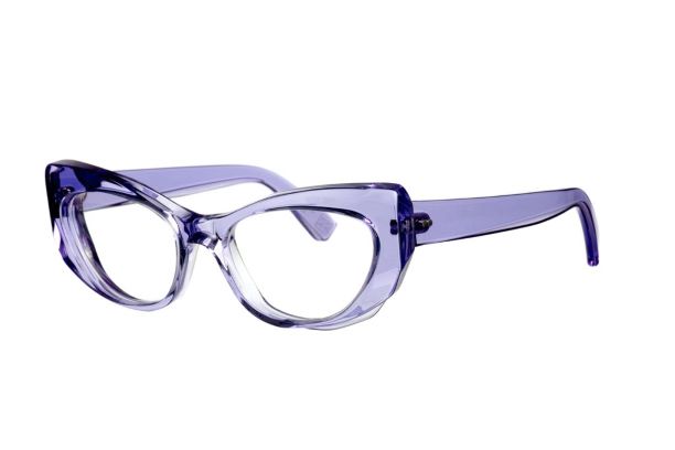 Translucent lavender cat eye eyeglass frames.