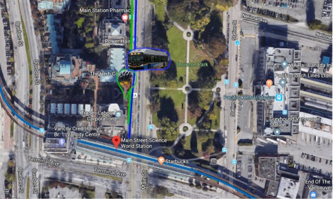 Google street view of the street mentioned in my post. The green line shows my path while the blue shows which lane the bus was in.