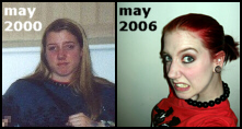 Side by side comparison of Laura from 2000 and 2006. 2000 Laura has long, blonde hair and a mildly bitchy facial expression. 2006 Laura has red hair in a ponytail, heavy eyeliner. She is baring her teeth while raising one eyebrow.