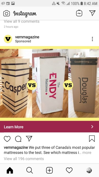 An Instagram ad for Vern Magazine. The ad shows three differen boxes containing rolled-up mattresses from the brands Casper, Endy, and Douglas. The time stamp is 8:42am.