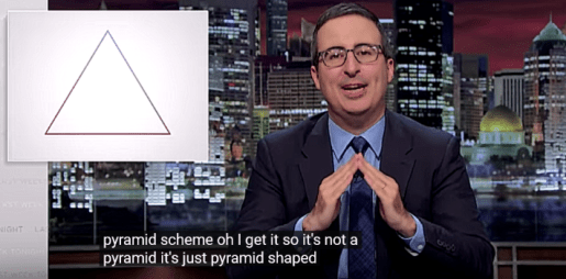 Screen shot from Last Week Tonight with John Oliver, in which John is shown making a peak with his fingers, as to represent a pyramid. The inset on the left is a line drawing of a pyramid, and the caption reads, 