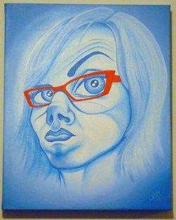 A cariacture-style self-portrait done in shades of blue, with orange eyeglasses.
