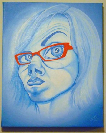 A cariacture-style self-portrait done in shades of blue, with orange eyeglasses.