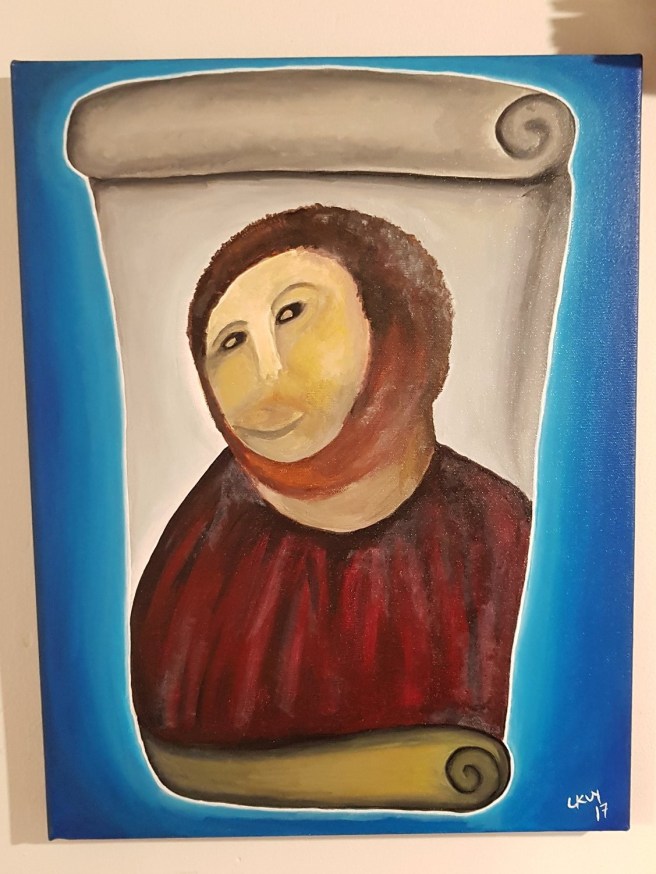 A replica of Ecce Homo post-restoration. It features a male figure that is supposed to be Jesus Christ, but instead looks like a wonky-eyed blurry-mouthed monster.