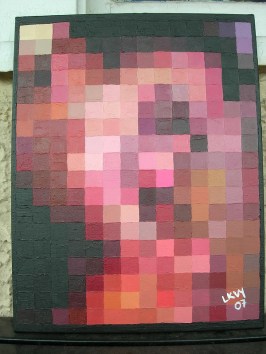 A painting composed of 252 squares to create a pixelated portrait of a man performing fellatio.