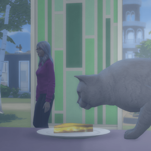 Screen cap of The Sims 4 of Enfoire (a chunky grey cat) about to eat a plate of grilled cheese. Laura, dressed in a fuchsia hoodie looks away in the distance.