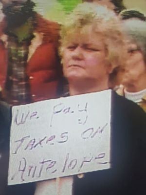 A thin-lipped narrow-eyed plump woman with short curly blonde hair holds up a sign that reads: We pay taxes on Antelope.