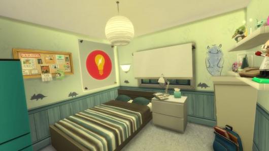 3D rendering of my childhood bedroom. A cluttered cork board and a poster are shown on the left wall. The right wall has a painting of a blue monster.