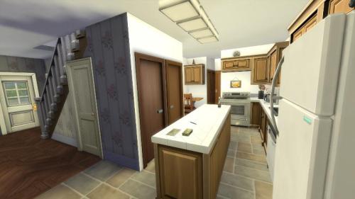 A 3D rendering of a kitchen with an island counter.
