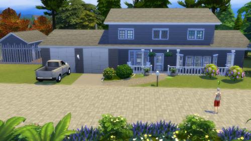 A 3D rendering of a grey two-storey house with white trim.