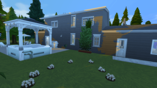 A 3D rendering of a backyard showing a covered hot tub on the left, and in the yard, groups of mushrooms arranged in a circle.