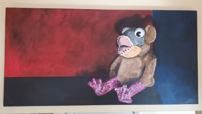 A moody-looking painting with a sinister-looking plushie seated in the corner of a red and blue room. The plushie has the body of a tan teddy bear, the face of a piranha with eyes that bug out, and frog's legs that are pink with fuchsia dots.
