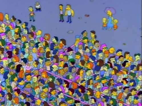 A screen shot from the Simpsons showing Selma, Bart, and Lisa approaching a line-up of people that doesn't seem to end.