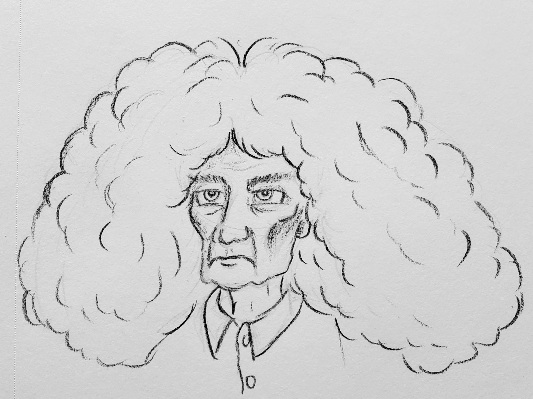 A pencil sketch of a gaunt old-looking man with massive, curly hair.