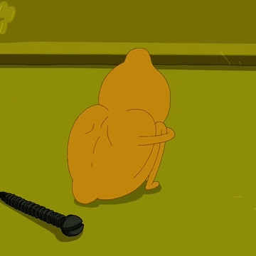 A shivering Lemongrab holding his knees turns around. When he is facing forward, his rind splits off his face, exposing his bugged-out eyes.