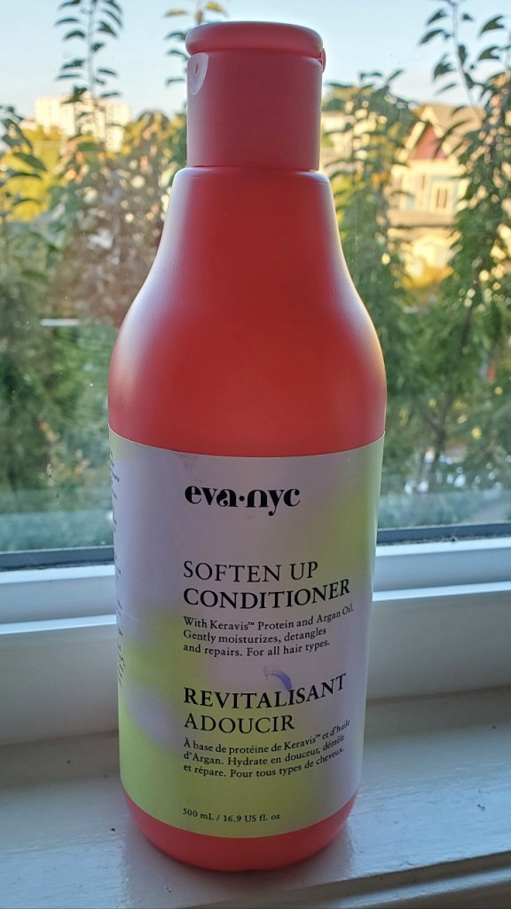 A pink bottle of conditioner with a label that reads: Eva NYC

Soften Up Conditioner

With Keravis Protein and Argan Oil. Gently moisturizes, detangles, and repairs. For all hair types.