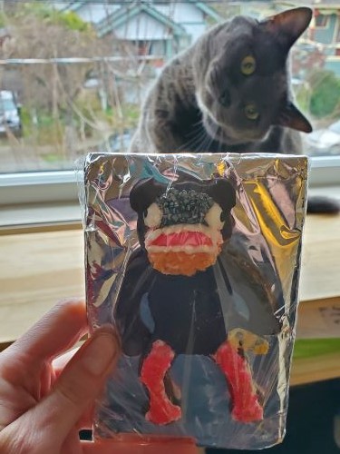 A cookie decorated to resemble the aforementioned character. A grey cat with its head turned is out-of-focus in the background.