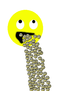 An animated gif of a large eye-rolling smiley emoji puking hundreds of tiny eye-rolling smiley emoji.