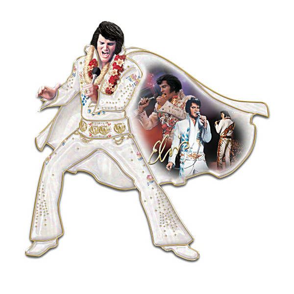 An Elvis-shaped wall sculpture in which Elvis is dressed in rhinestone studded bell bottoms and a cape. A montage of three Elvises is printed on the inside of the cape.